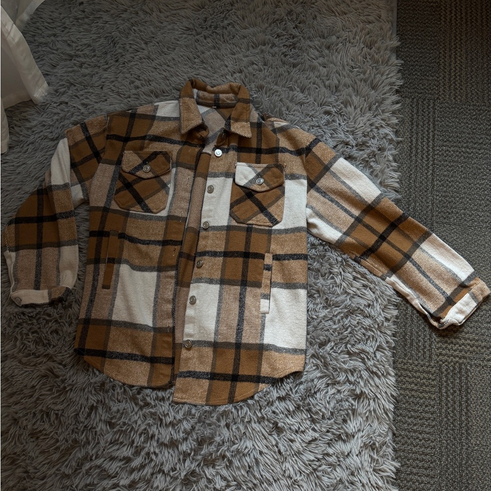 Plaid Button-Up Shirt in Brown, Cream and Navy Blue - Small